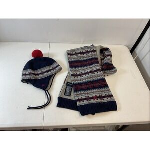 Hackett London Youth  Wool Scarf‎ and Hat Set Fair Isle Pom Pom Ear Flap Preppy